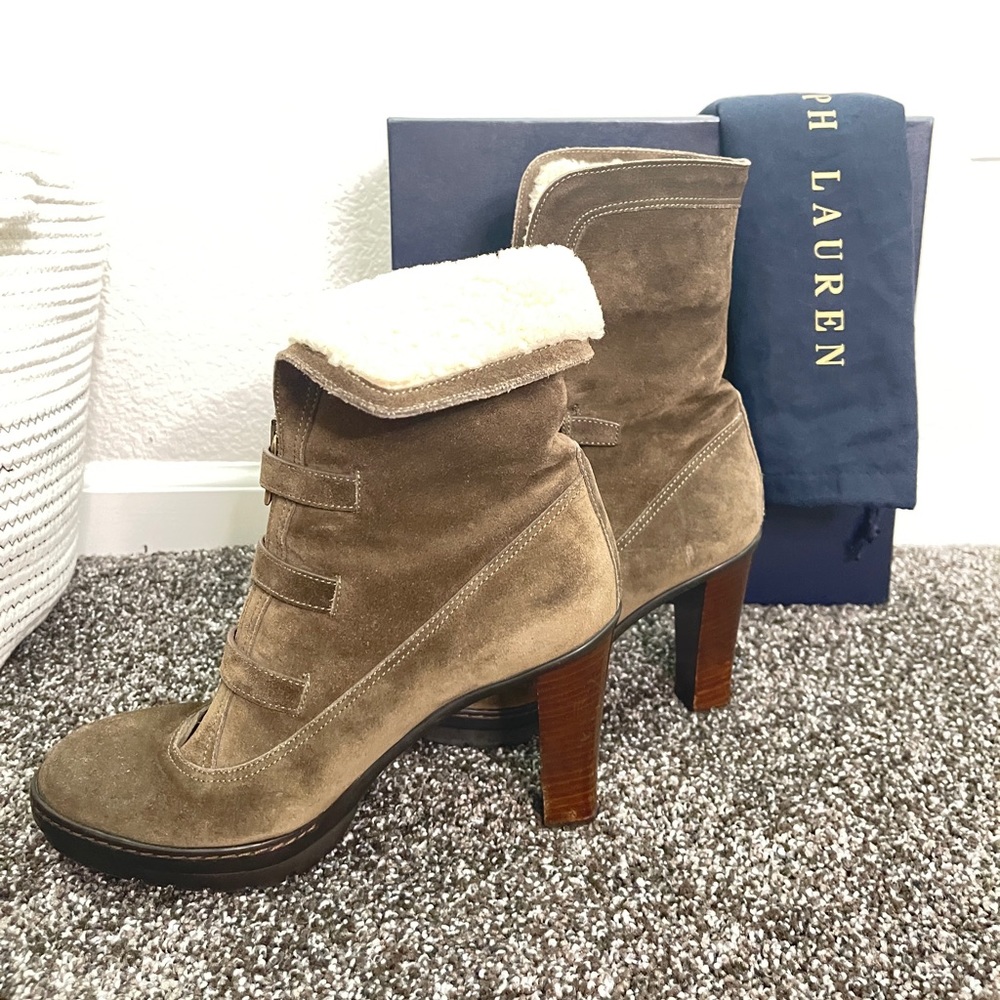 Ralph Lauren Shearling-lined Olive Suede Ankle Winter Boots, size 8.5D - Picture 9 of 11